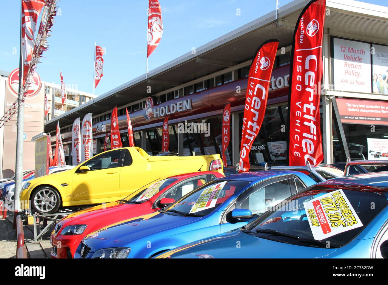 Holden cars parked in the sales yard of the Holden Suttons car dealership at 112 Parramatta Road, Homebush, western Sydney. Stock Photo