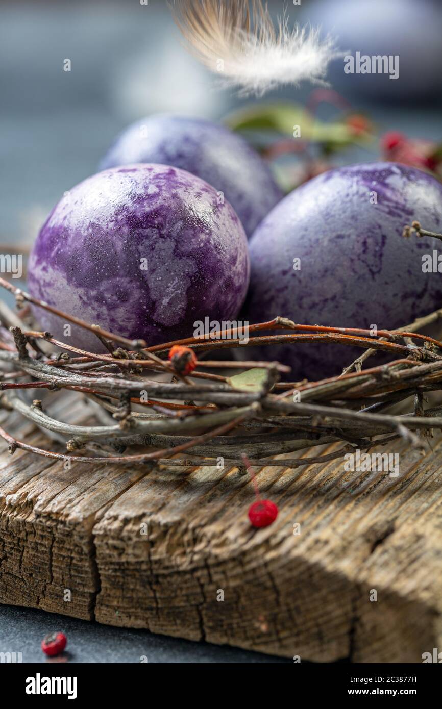 Traditional colorful Easter eggs close up. Stock Photo