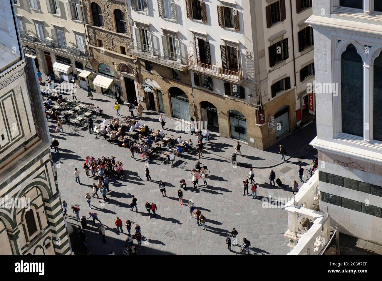 Crowds in the Piazza del Duomo, viewed from Giotto's Campanile, Florence, Italy. Stock Photo