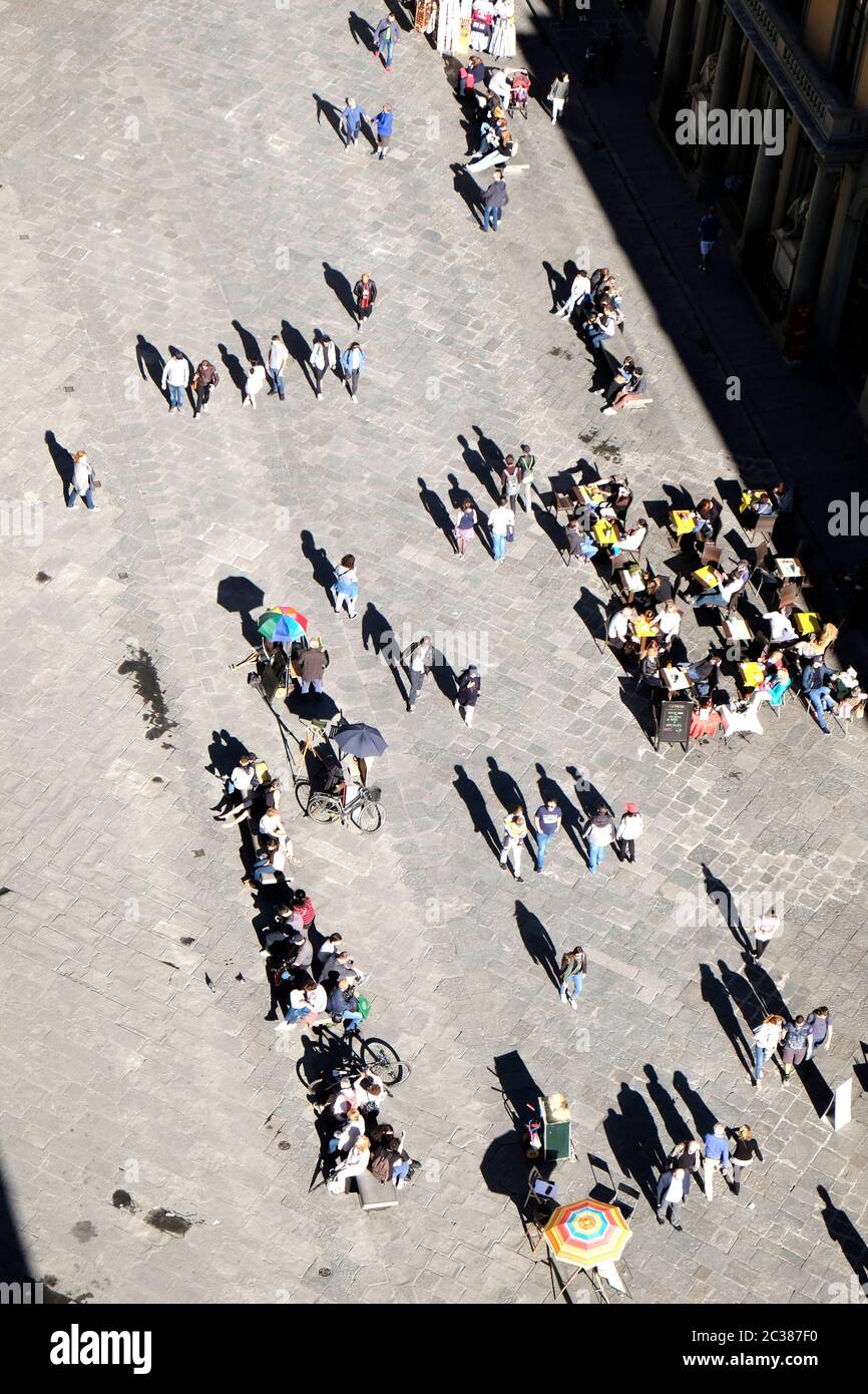 Crowds in the Piazza del Duomo, viewed from Giotto's Campanile, Florence, Italy. Stock Photo