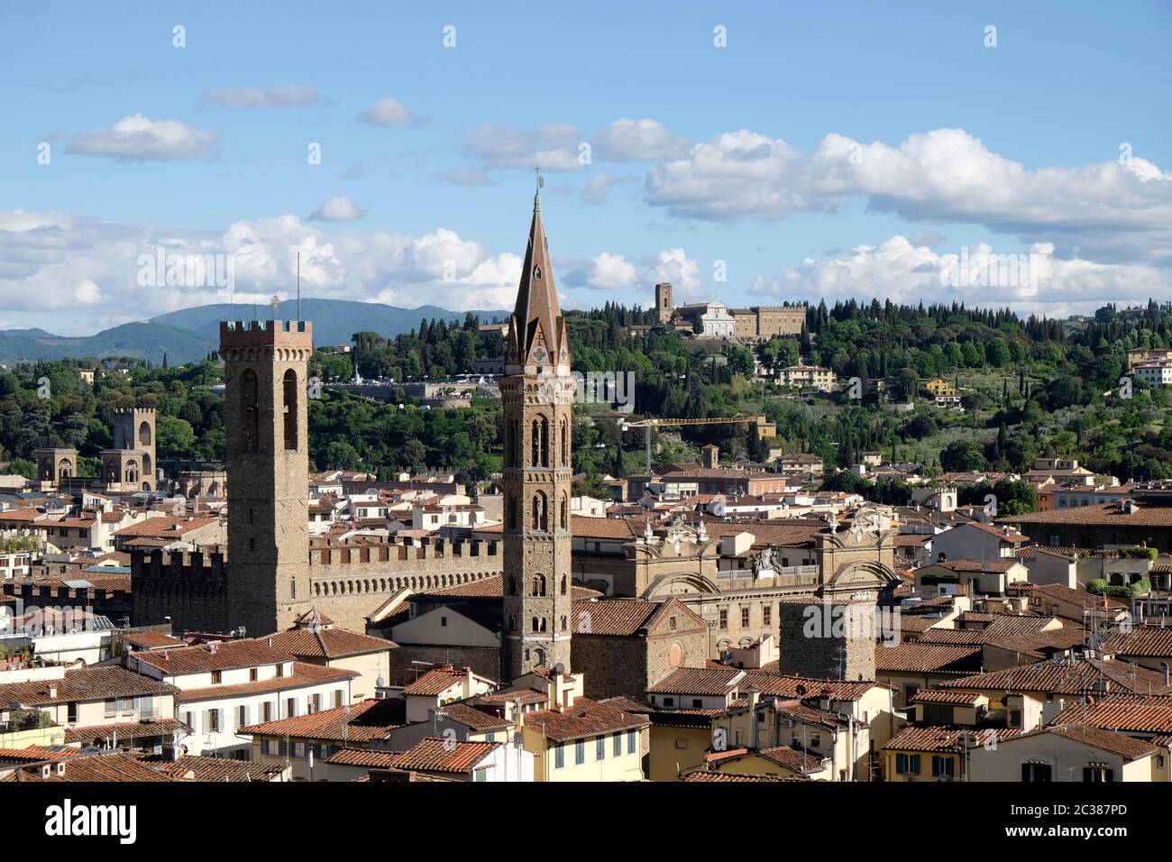 View over Florence from Giotto's Campanile, Piazza del Duomo.  Badia Fiorentino in the centre. Stock Photo