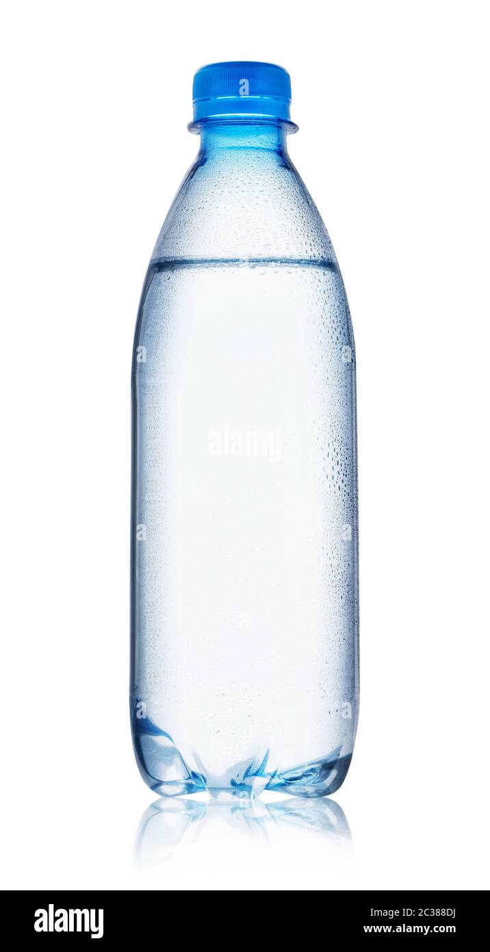 Blue bottle of water with drops isolated on white background Stock