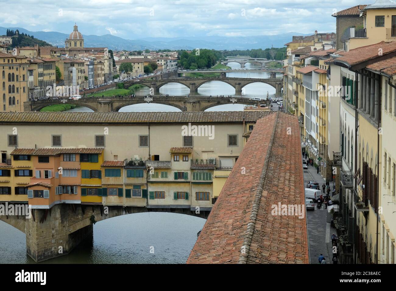 Ponte Vecchio on the River Arno, Florence, seen from the Uffizi. Stock Photo
