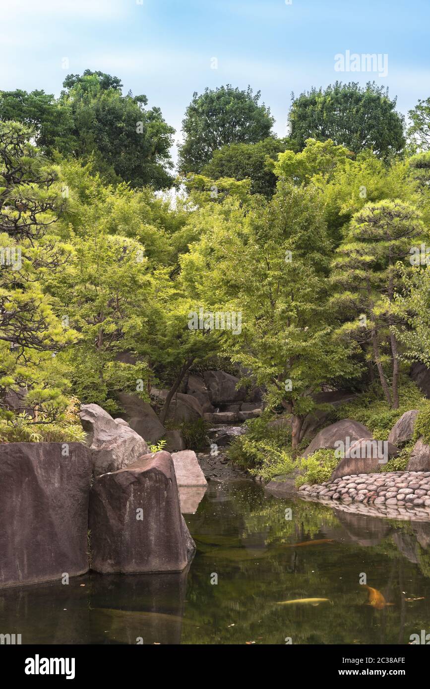 Waterfall flowing into the central pond of Mejiro Garden where carp swim and which is surrounded by Stock Photo