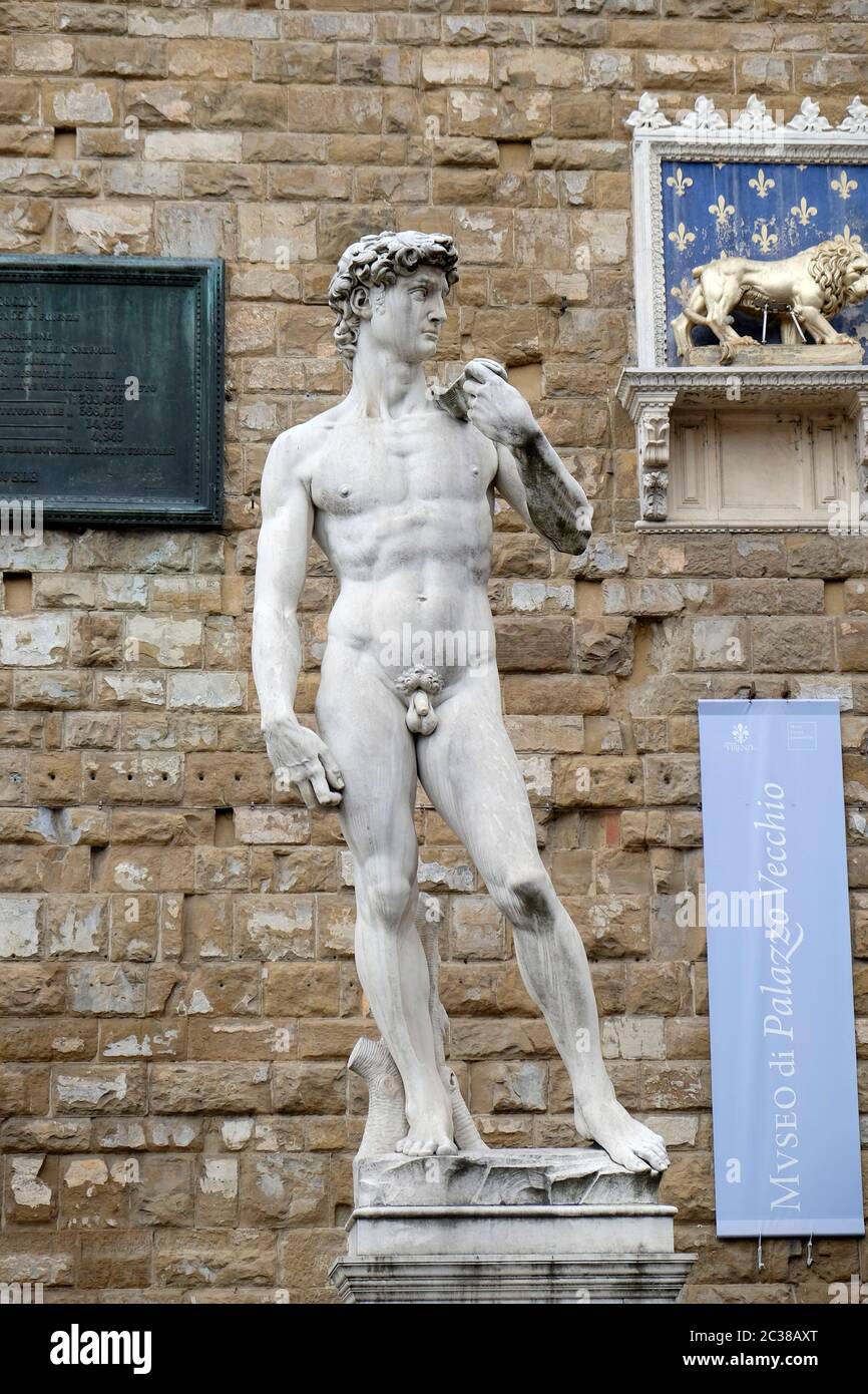 Michelangelo's David (replica), Palazzo Vecchio, Piazza della Signoria, Florence. Stock Photo