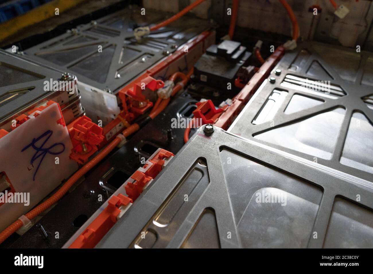 Close-up of high voltage batteriy from Nissan Leaf electric car.  Disassembled battery. Service station of electric cars. May, 2019. Kiev,  Ukraine Stock Photo - Alamy