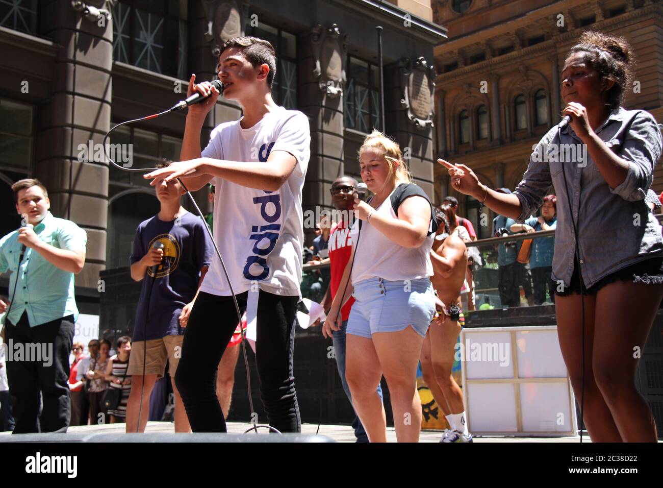 The Deadly MCs perform at Strut the Streets 2013 in Martin Place, Sydney. Stock Photo