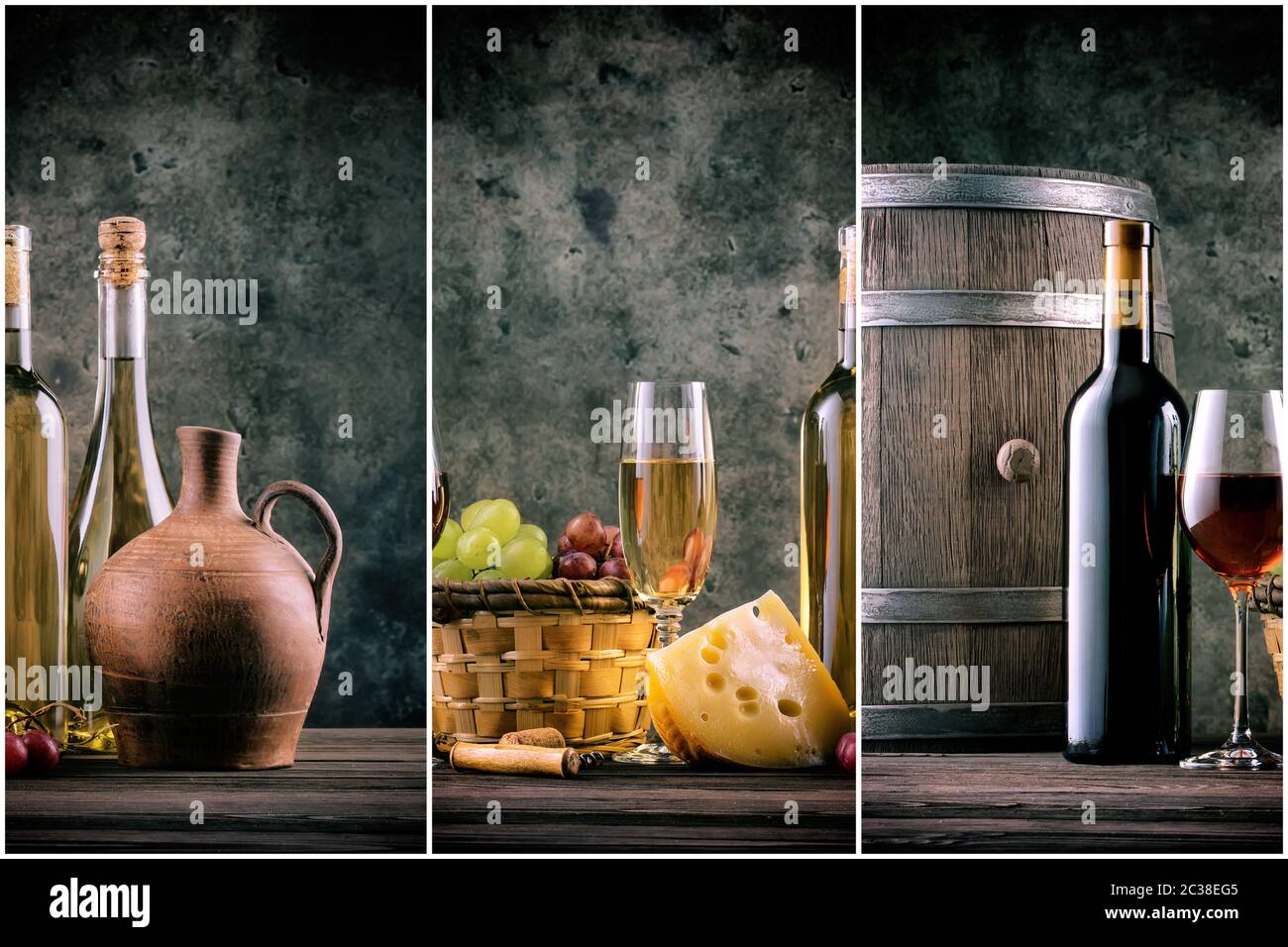 Wine still life with glasses of bottles and grapes against the dark ...