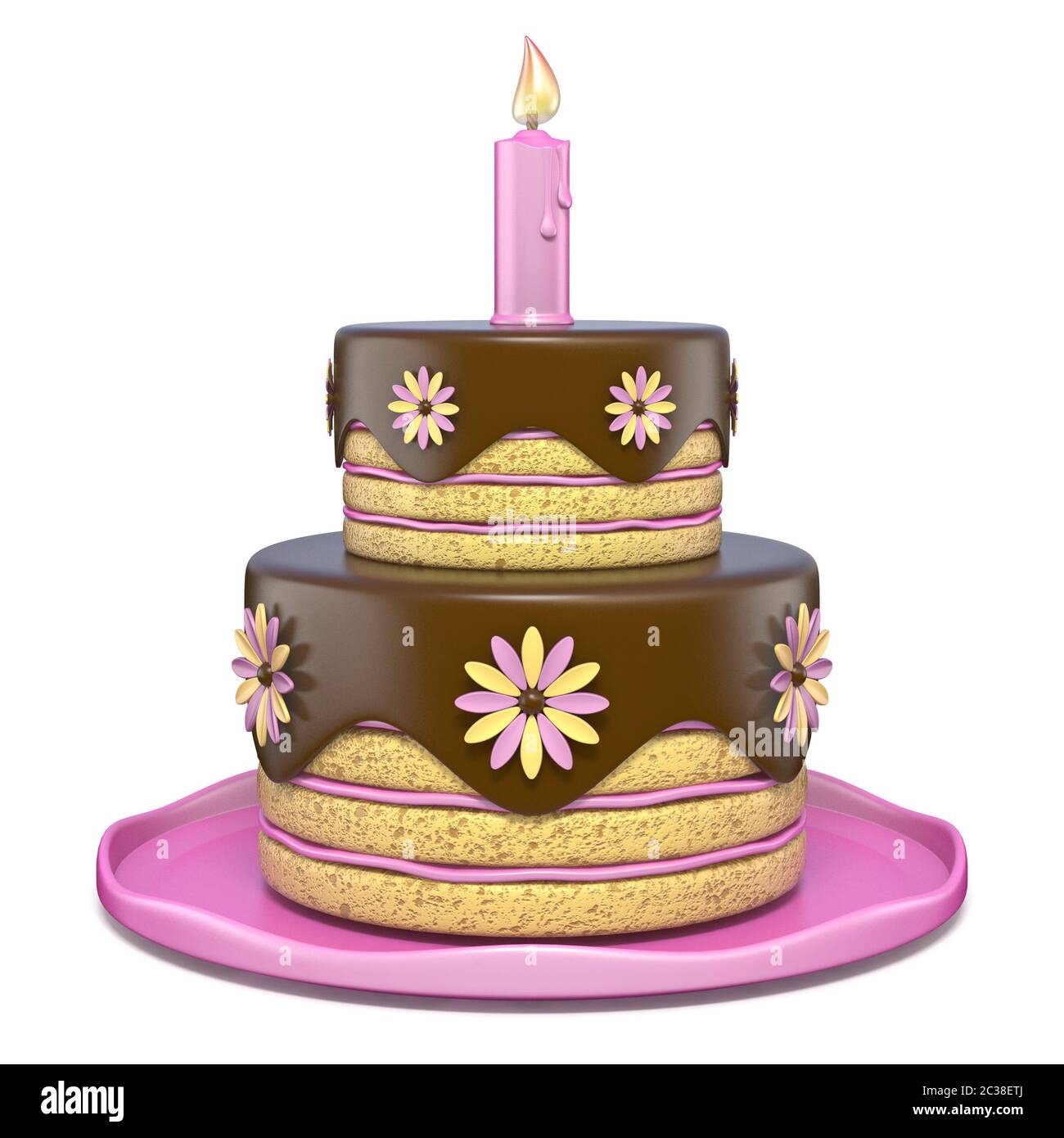 https://c8.alamy.com/comp/2C38ETJ/two-tier-round-chocolate-flowers-cake-3d-render-illustration-isolated-on-white-background-2C38ETJ.jpg