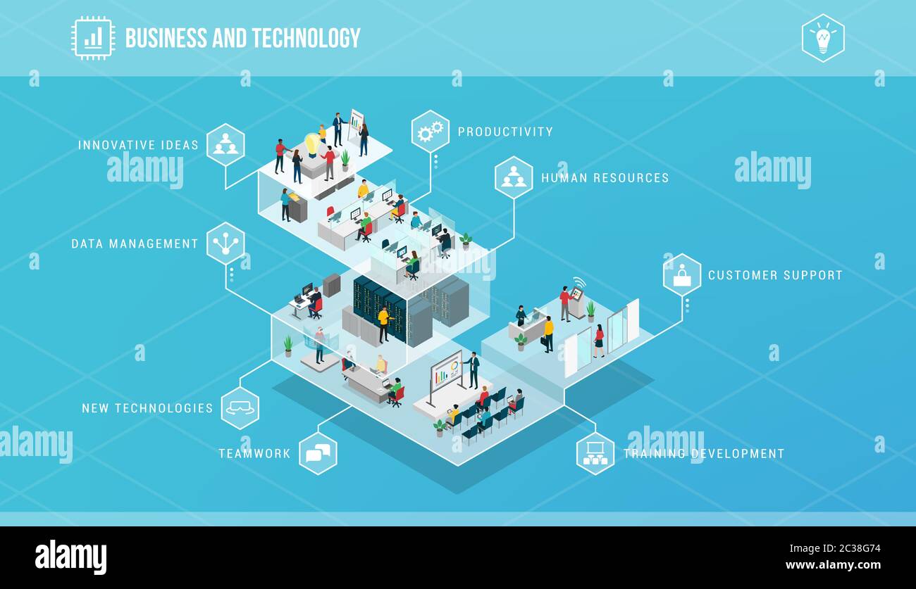 Business innovation and technology isometric infographic: company organization, roles and business teams working together Stock Vector