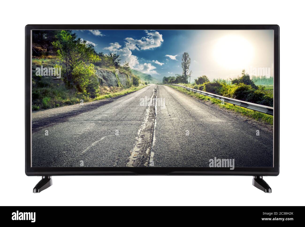 Flat high definition TV with mountain road on the screen. isolated on white background Stock