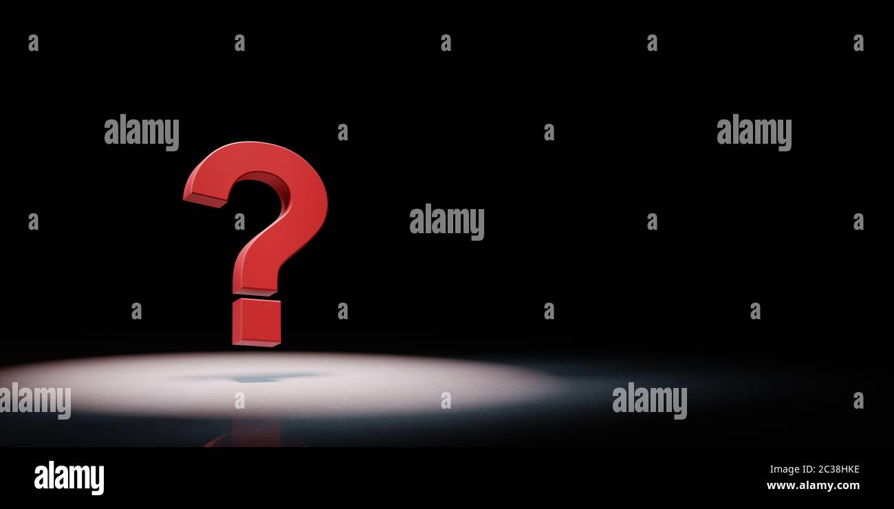 3d red question mark Spotlighted on Black Background with Copy Space 3D Illustration Stock Photo