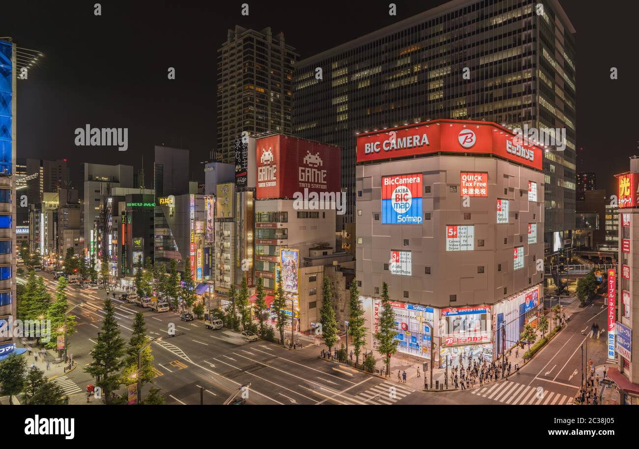 TOKYO, JAPAN - July 11 2018: Aerial night view of the Akihabara Crossing Intersection in the electri Stock Photo
