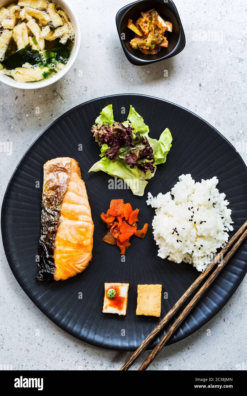 Grilled Salmon Teriyaki with Rice ,Salad and Miso Soup Stock Photo