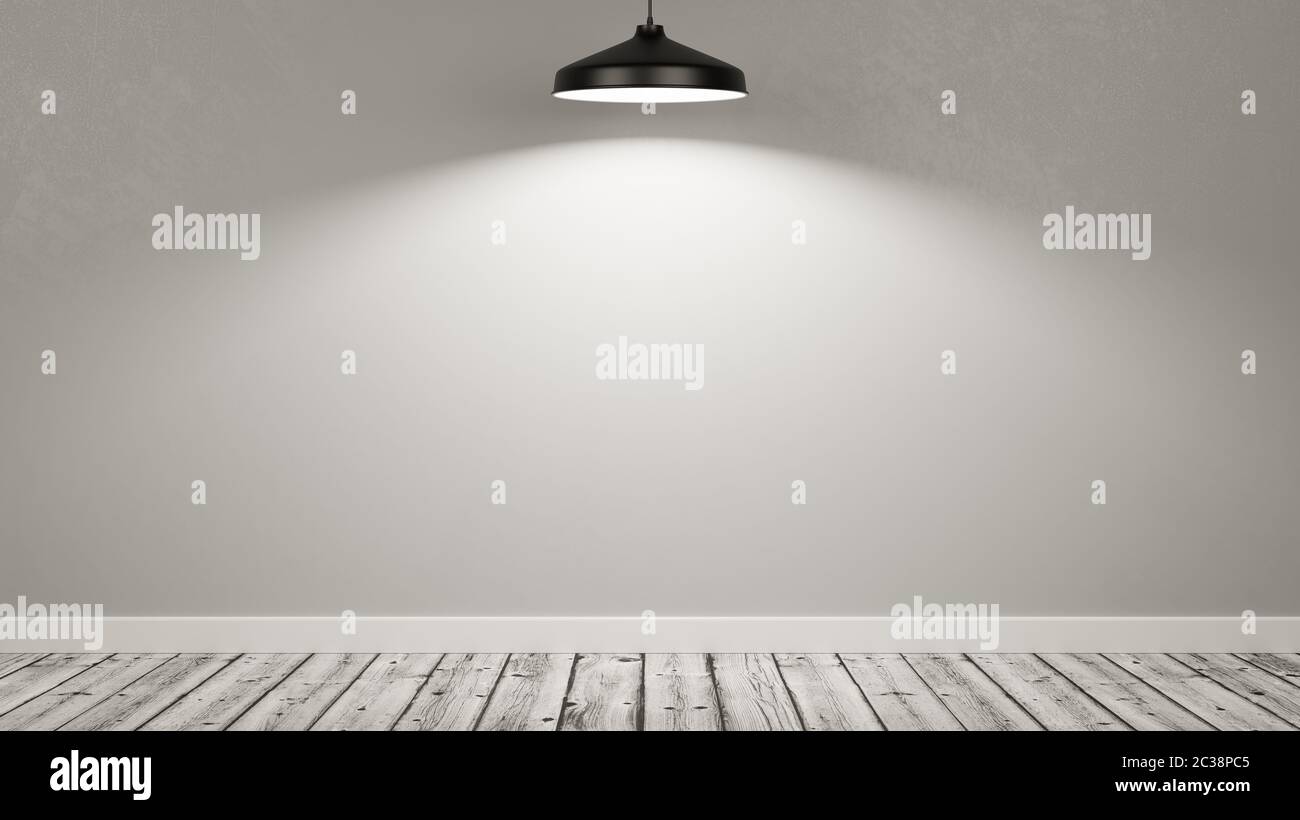 Wooden Floor Empty Room with a Gray Wall Illuminated by a Black Lamp 3D Illustration Stock Photo