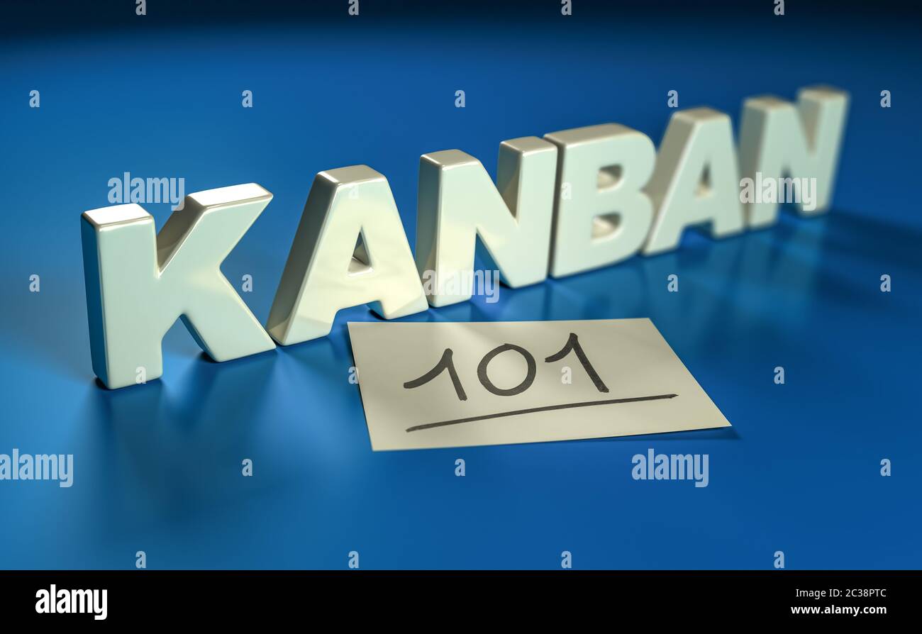 3D illustration of one 3 dimentional word written on a blue background and a yellow note . Kanban 101 concept. Stock Photo