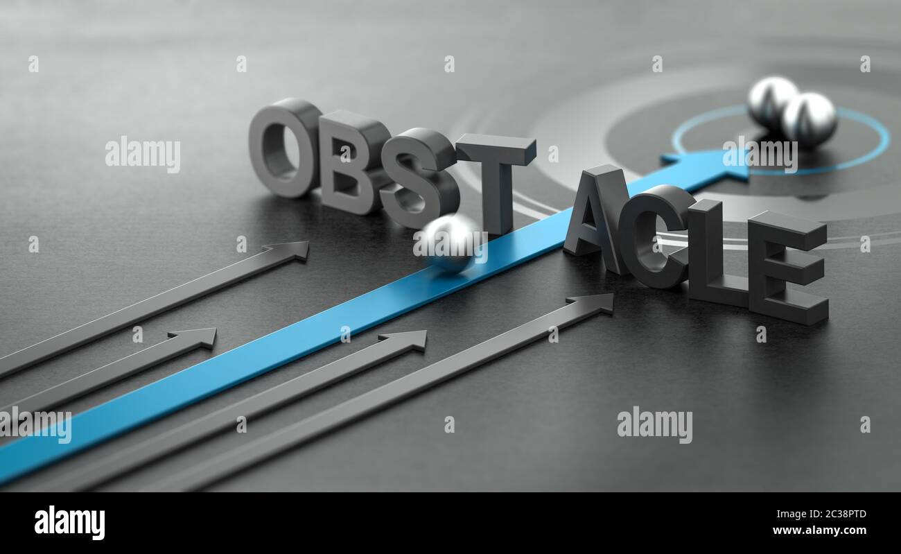 3D illustration of a blue arrow breaking the word obstacle, Concept of motivation and success. Stock Photo