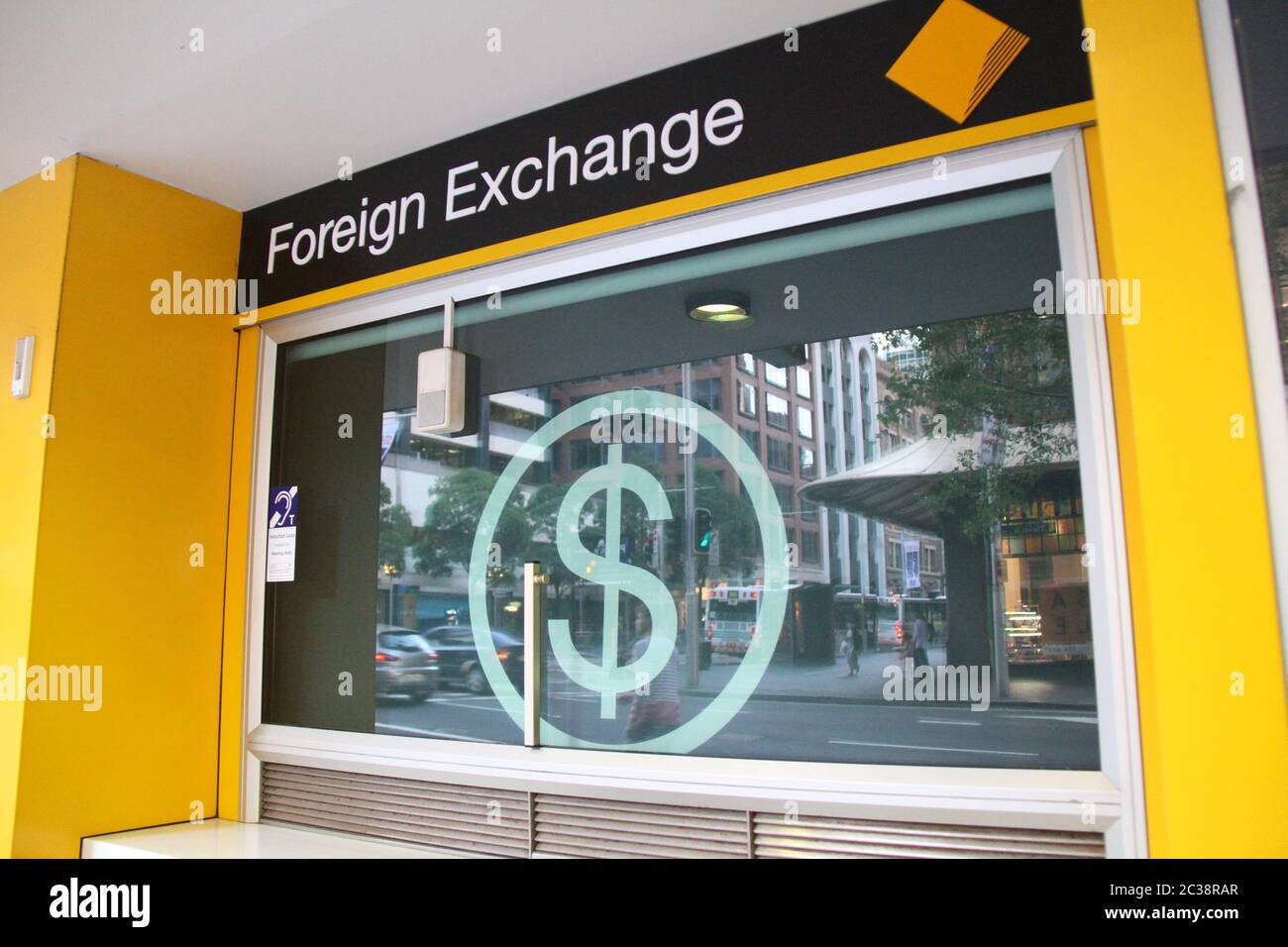Foreign Exchange at Commonwealth Bank of Australia (CBA) on Market Street in Sydney. Stock Photo