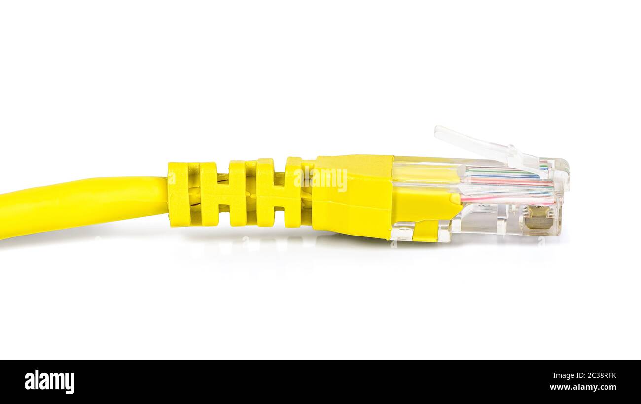 Yellow network plug isolated on white background with clipping path Stock Photo