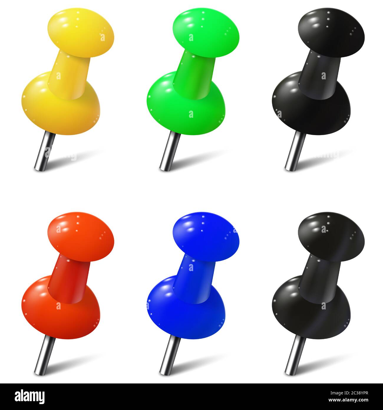 Set of realistic push pins in different colors. Thumbtacks Stock Vector