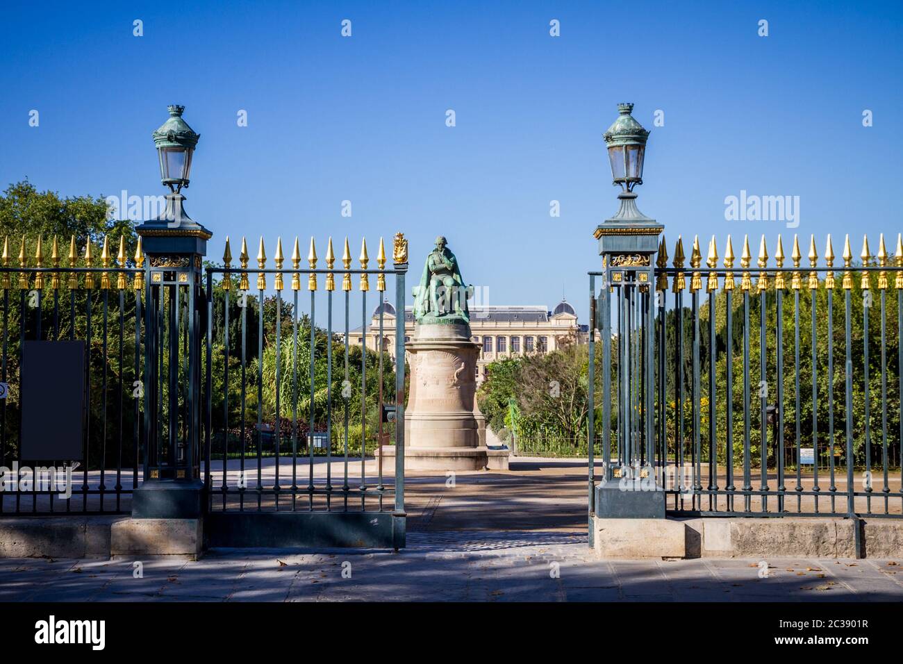 Jardin des plantes Park entrance and Lamarck statue, Paris, France