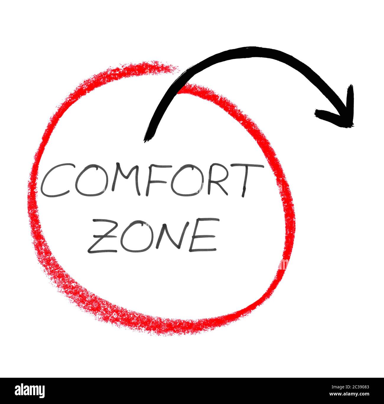 Out of the comfort zone - Handwritten text with arrow and red circle on white background Stock Photo
