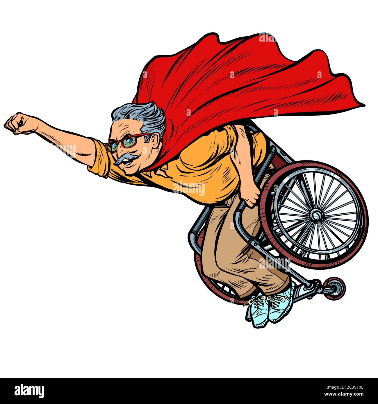 man retired superhero disabled in a wheelchair. Health and longevity of older people. Pop art retro vector illustration drawing vintage kitsch Stock Photo