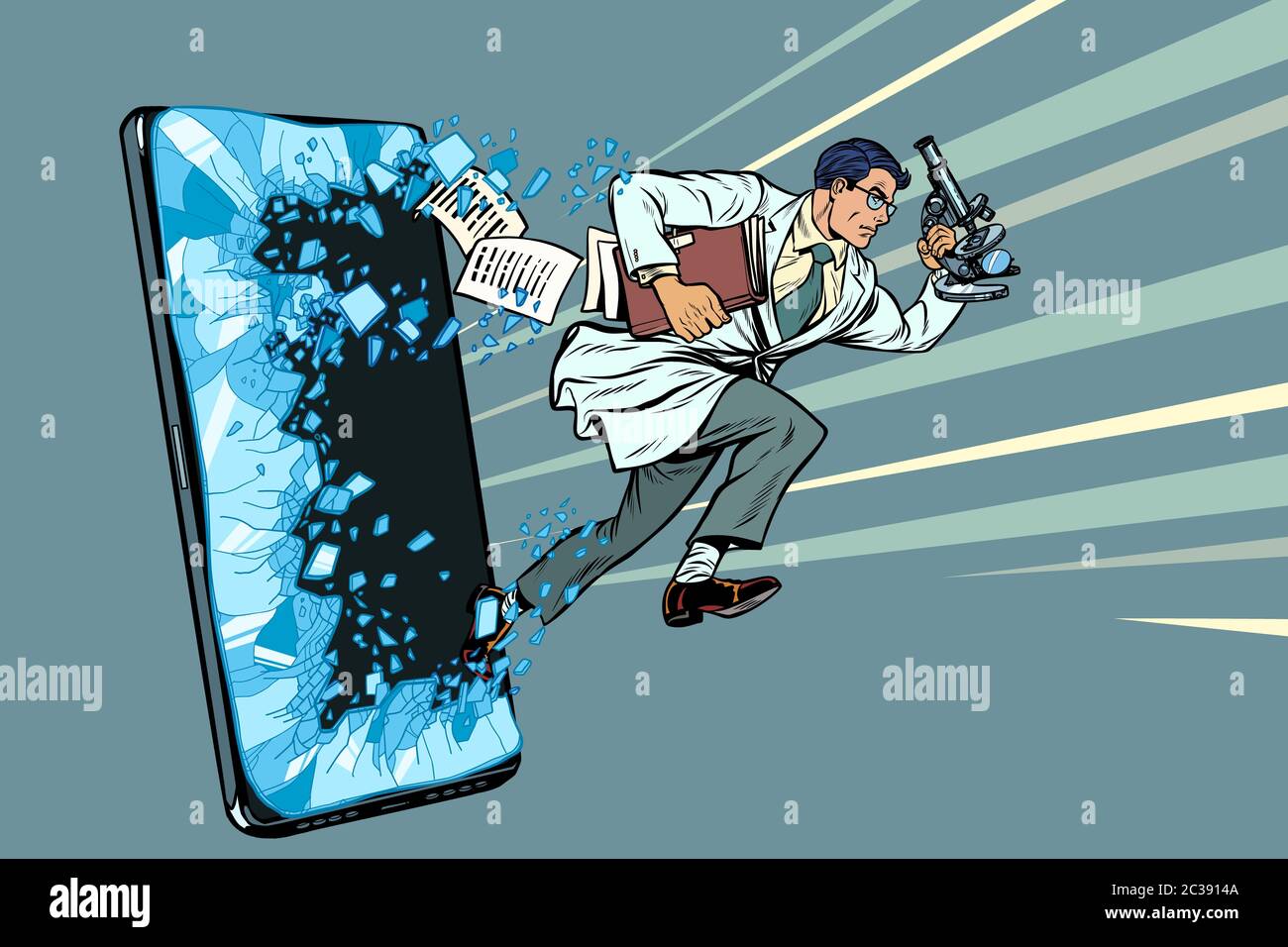 a male scientist with a microscope. Phone gadget smartphone. Online Internet application service program. Pop art retro vector illustration drawing vi Stock Photo