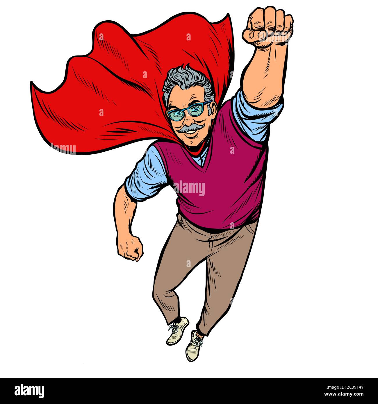man retired superhero. Health and longevity of older people. Pop art retro vector illustration drawing vintage kitsch Stock Photo