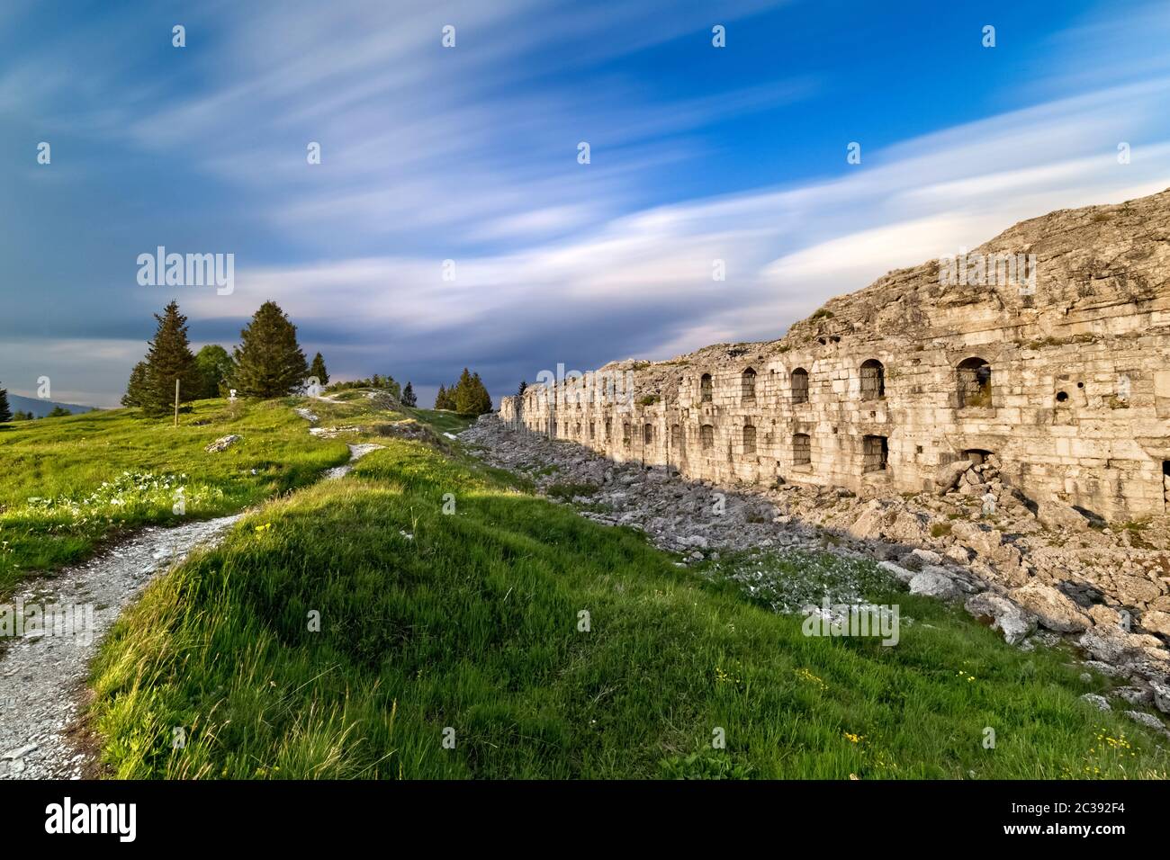 Fort Dosso delle Somme: imposing ruin of the Great War. Folgaria, Trento province, Trentino Alto-Adige, Italy, Europe. Stock Photo
