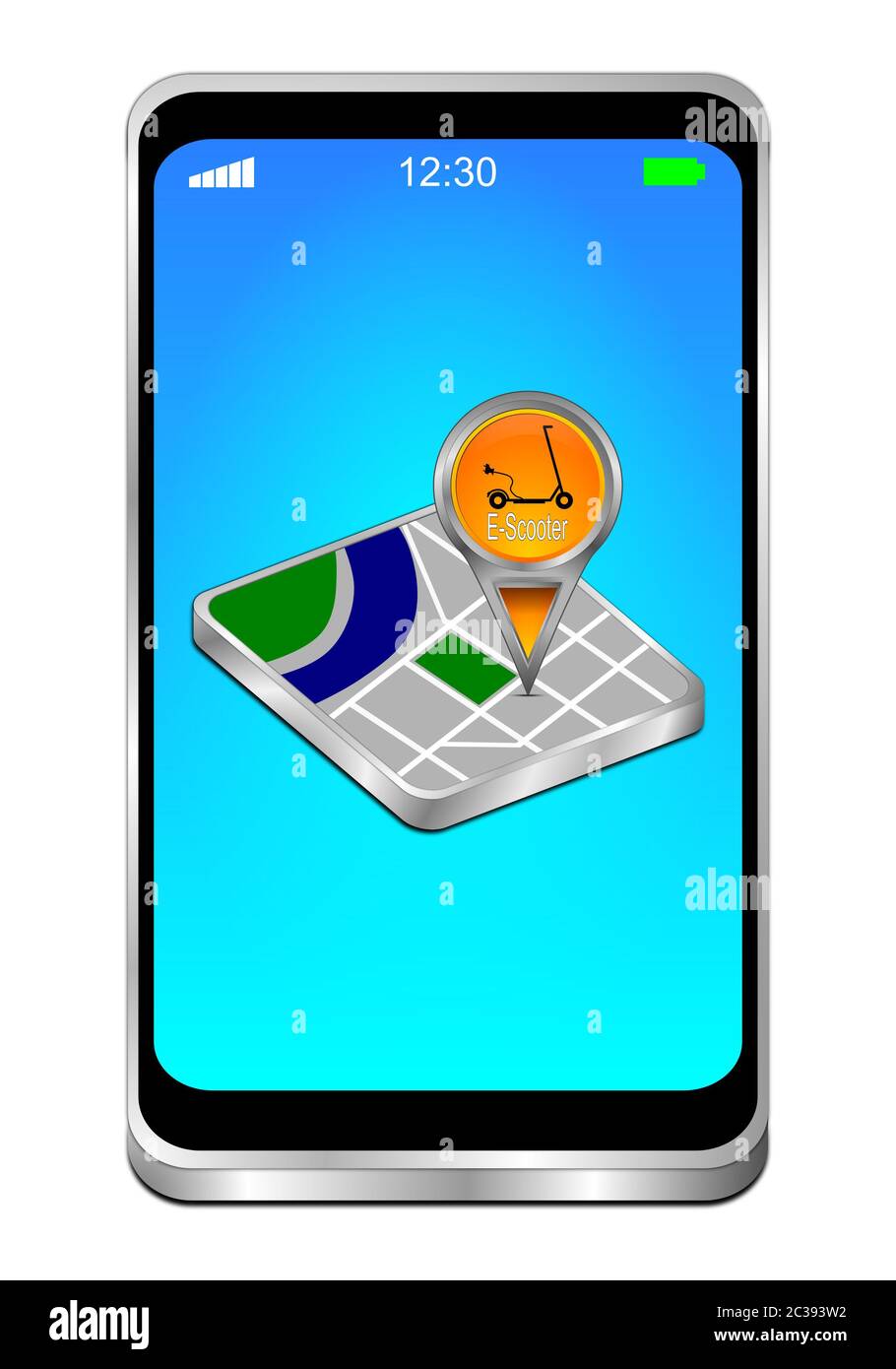 Smartphone with Map pointer with E-Scooter on blue display - 3D ...