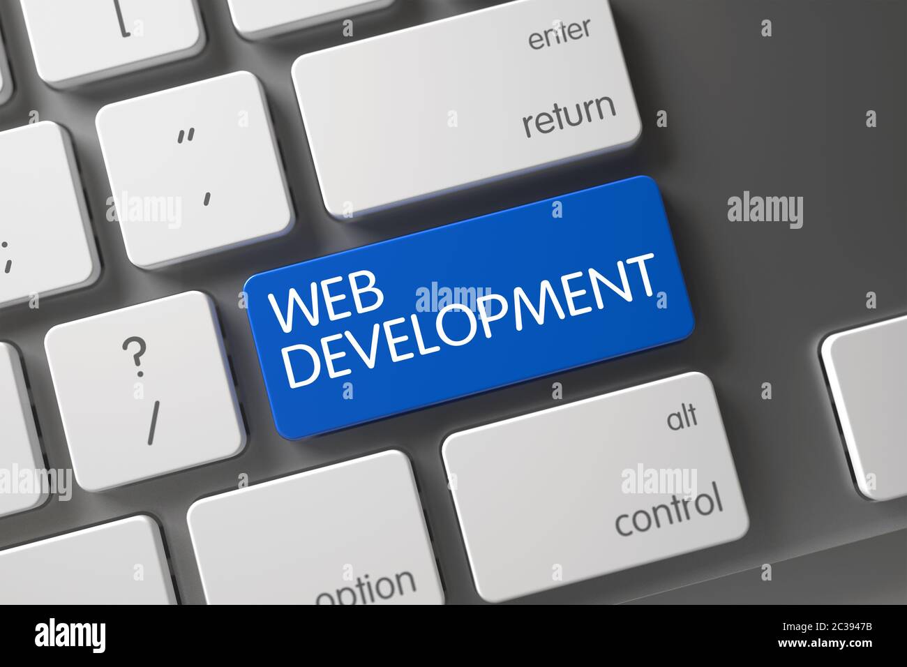 Metallic Keyboard with the words Web Development on Blue Button. Web Development Concept Metallic Keyboard with Web Development on Blue Enter Button B Stock Photo