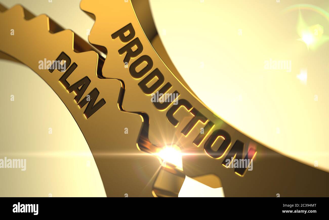 Production Plan Golden Metallic Gears. Production Plan on Mechanism of Golden Cogwheels with Glow Effect. Production Plan on Golden Cogwheels. 3D Rend Stock Photo