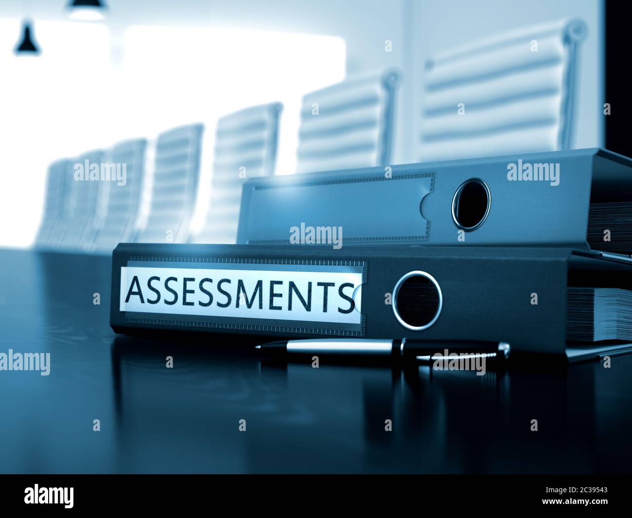 Assessments. Concept on Blurred Background. Binder with Inscription Assessments on Working Wooden Desktop. Toned Image. 3D Rendering. Stock Photo