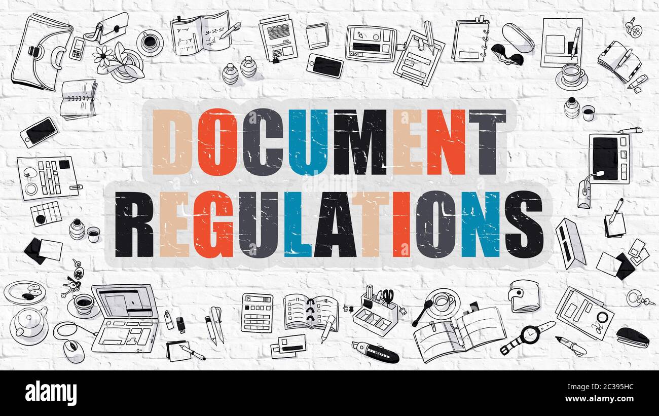 Multicolor Concept - Document Regulations - on White Brick Wall with Doodle Icons Around. Modern Illustration with Doodle Design Style. Stock Photo