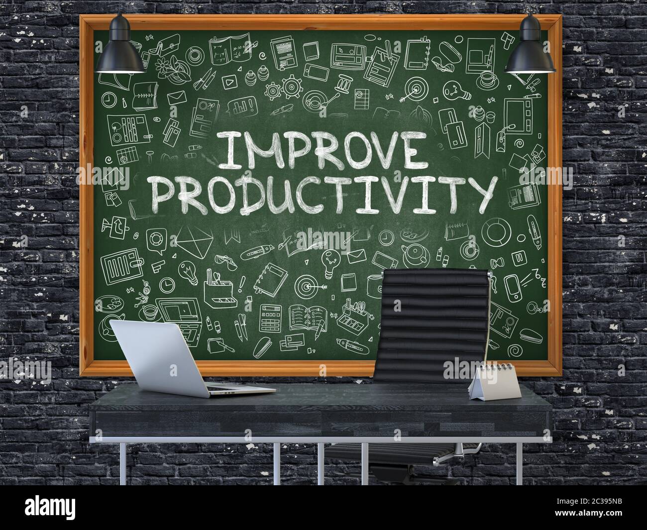 Improve Productivity Concept Handwritten on Green Chalkboard with Doodle Icons. Office Interior with Modern Workplace. Dark Brick Wall Background. 3D. Stock Photo