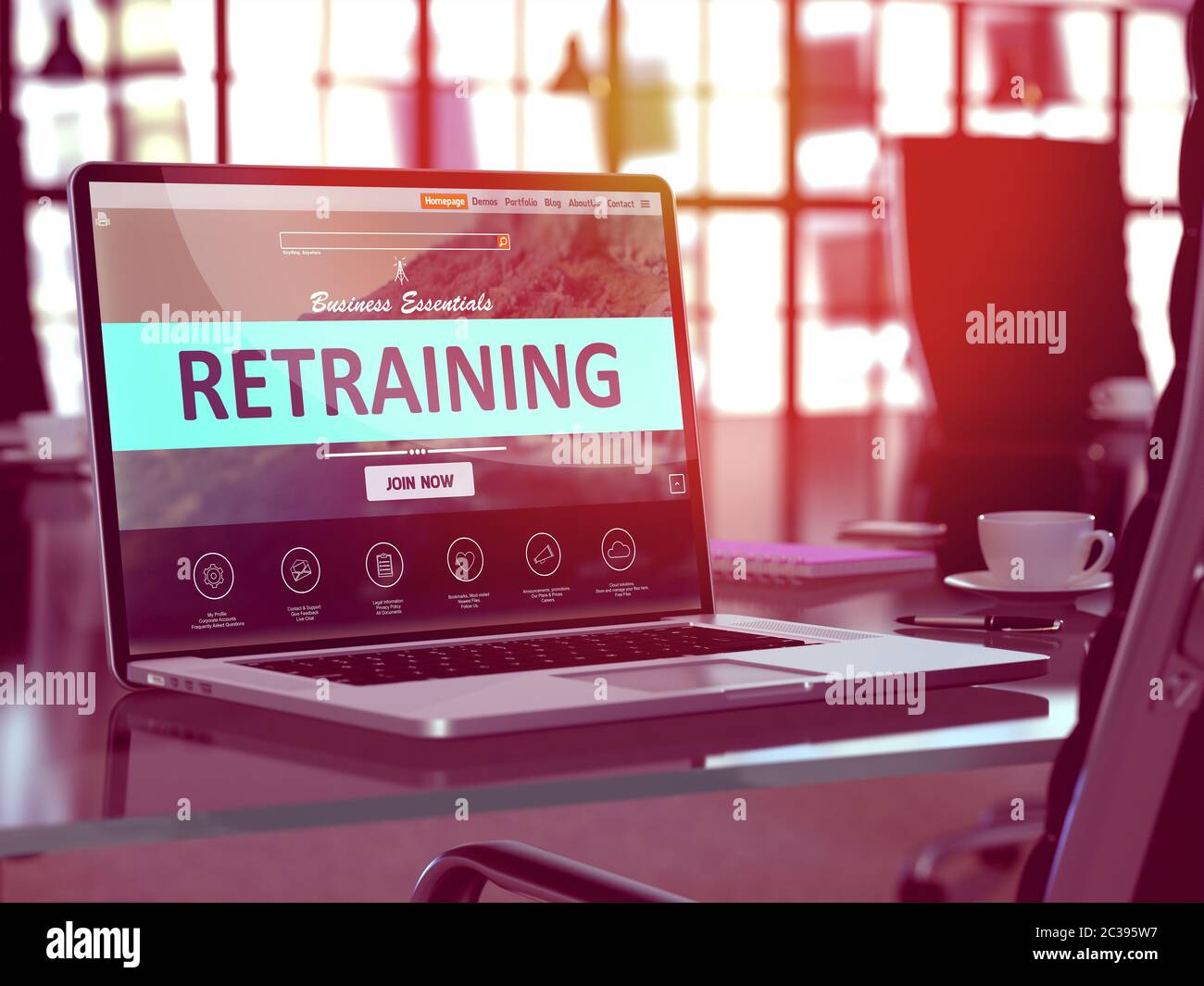 Modern Workplace with Laptop showing Landing Page with Retraining Concept. Toned Image with Selective Focus. 3D Render. Stock Photo
