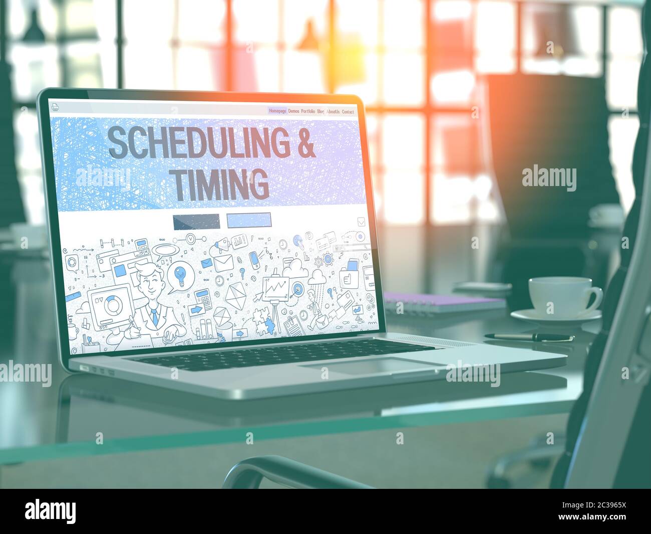 Scheduling and Timing Concept Closeup on Landing Page of Laptop Screen in Modern Office Workplace. Toned Image with Selective Focus. 3D Render. Stock Photo