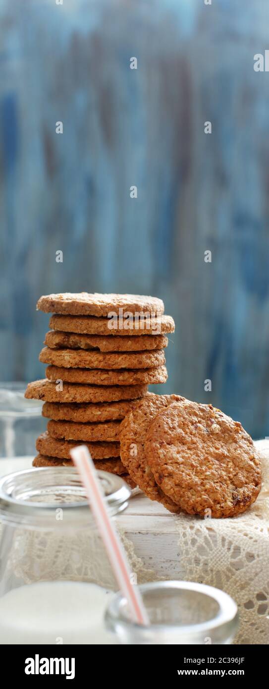 Homemade oatmeal cookies with milk close up Stock Photo Alamy