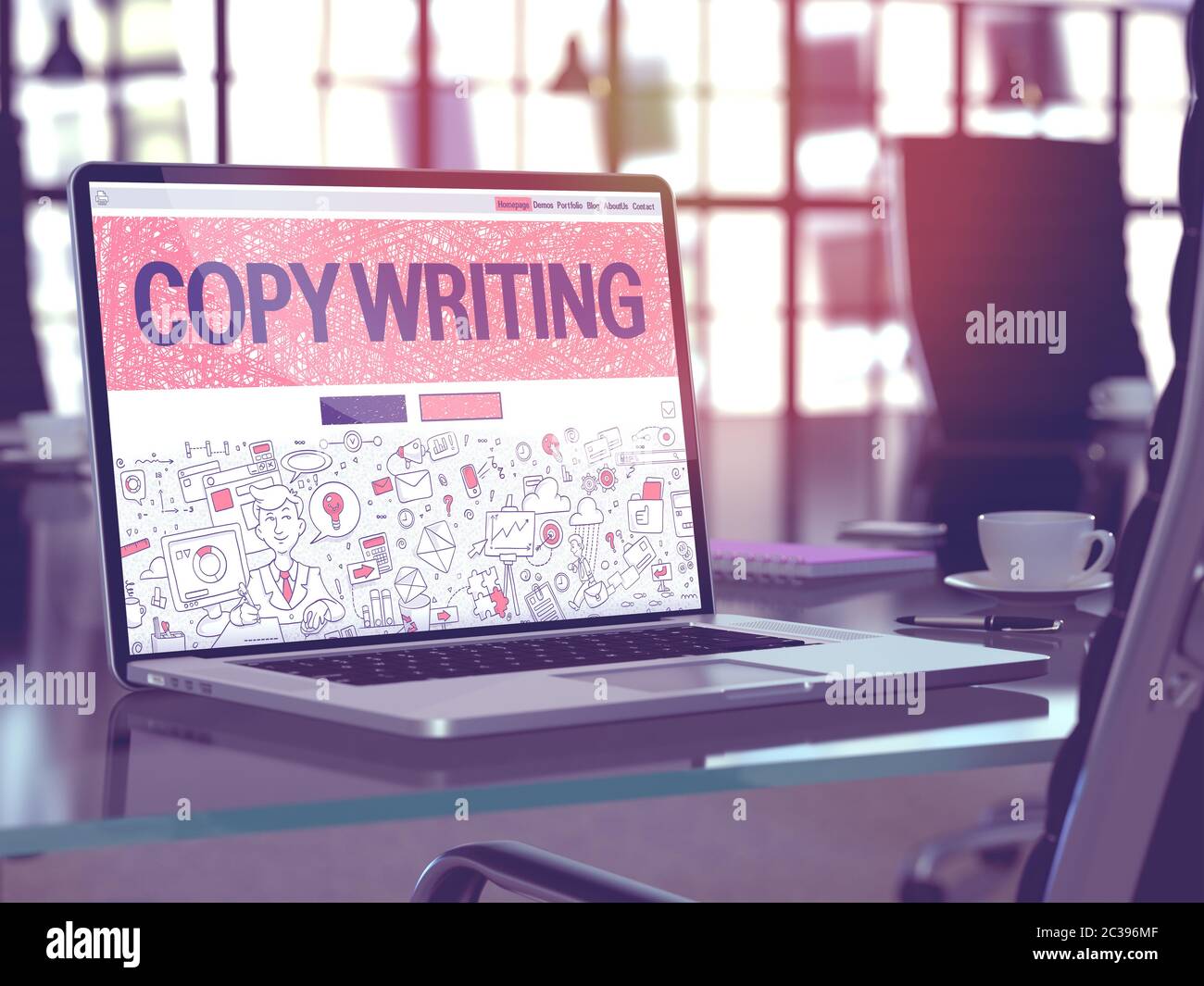 Copywriting Concept. Closeup Landing Page on Laptop Screen in Doodle Design Style. On Background of Comfortable Working Place in Modern Office. Blurre Stock Photo