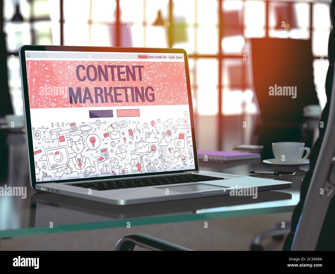 Content Marketing Concept Closeup on Landing Page of Laptop Screen in Modern Office Workplace. Toned Image with Selective Focus. 3D Render. Stock Photo