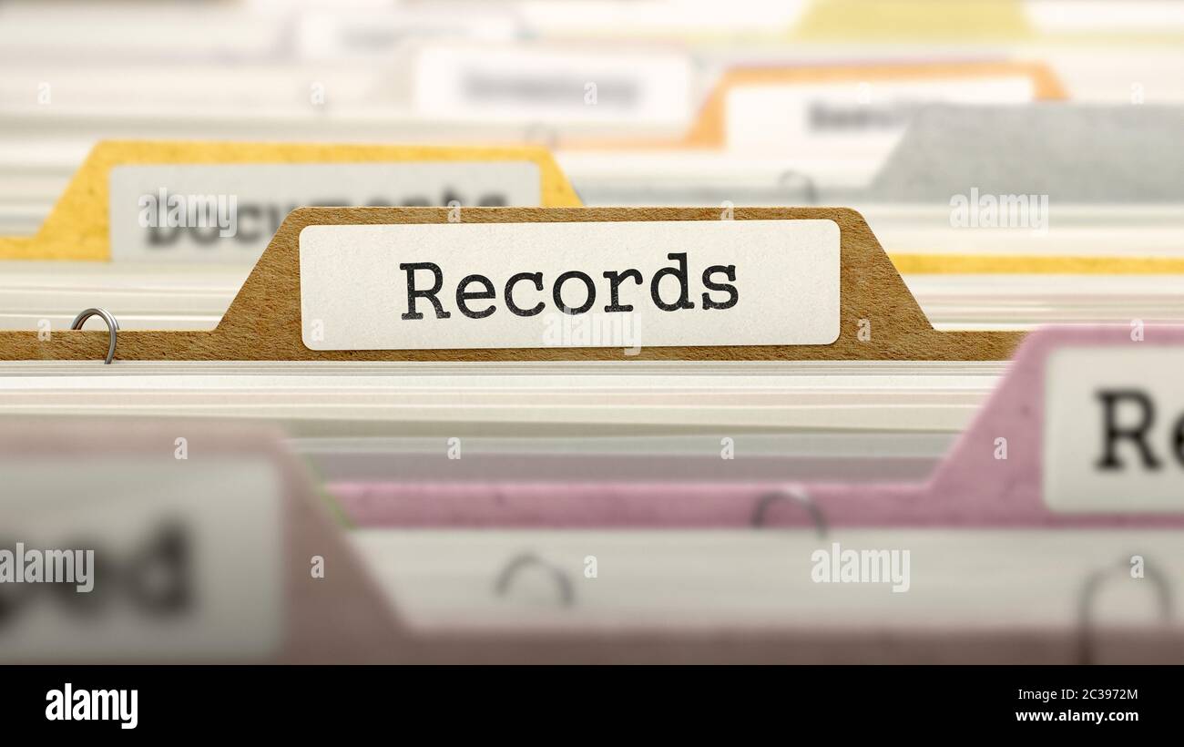 Records Concept on File Label in Multicolor Card Index. Closeup View. Selective Focus. 3D Render. Stock Photo