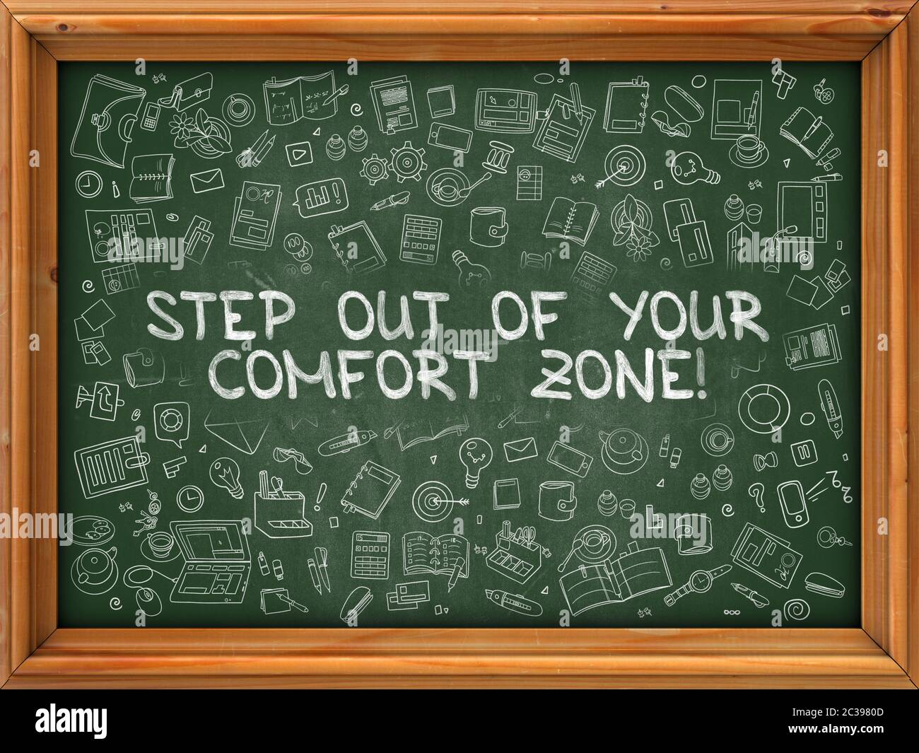 Step Out of Your Comfort Zone - Hand Drawn on Chalkboard. Step Out of Your Comfort Zone with Doodle Icons Around. Stock Photo