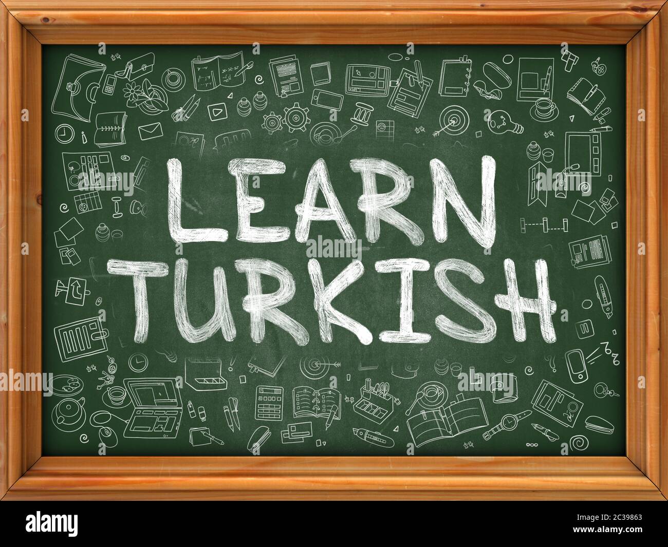 Green Chalkboard with Hand Drawn Learn Turkish with Doodle Icons Around. Line Style Illustration. Stock Photo