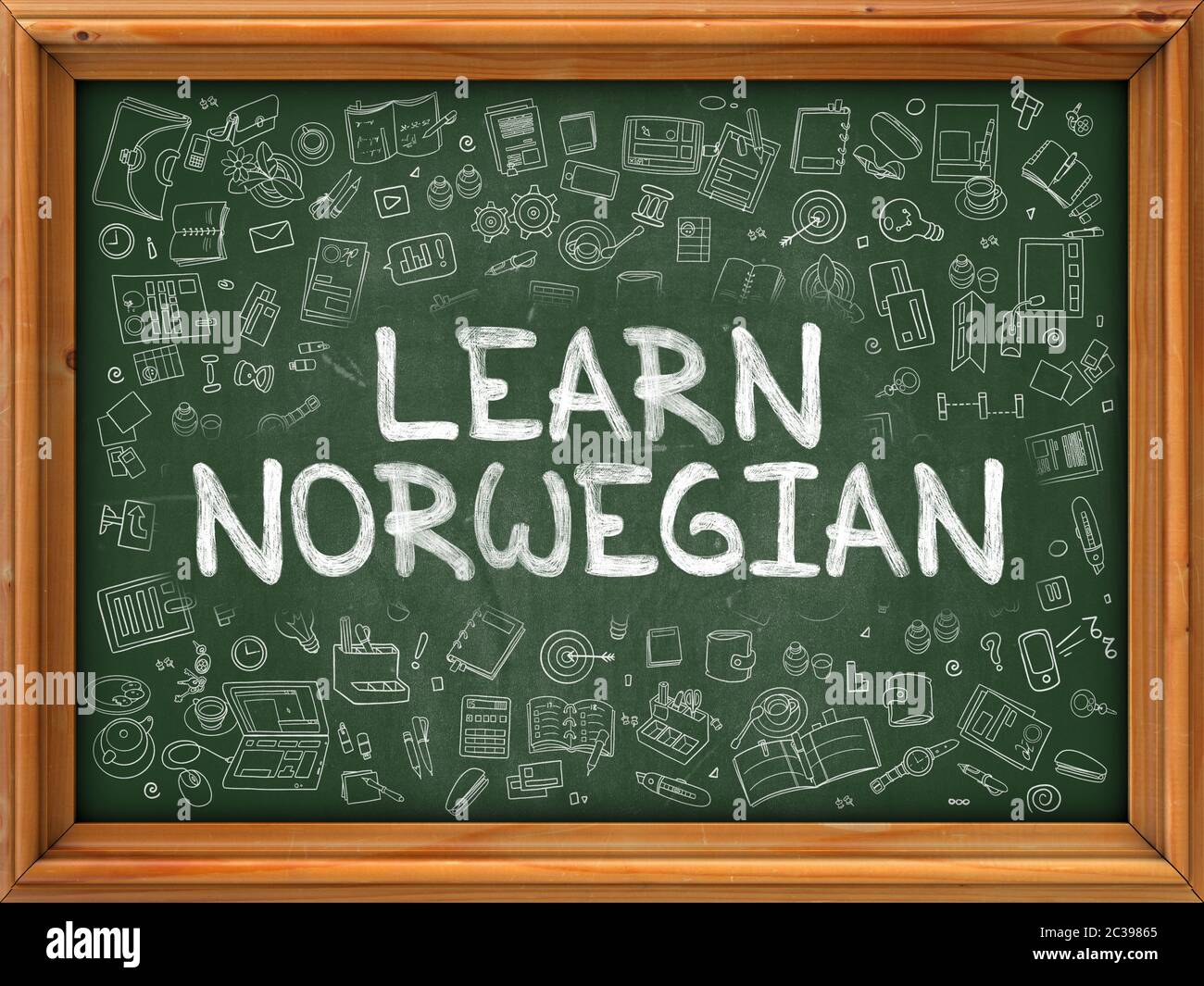 Hand Drawn Learn Norwegian on Green Chalkboard. Hand Drawn Doodle Icons Around Chalkboard. Modern Illustration with Line Style. Stock Photo