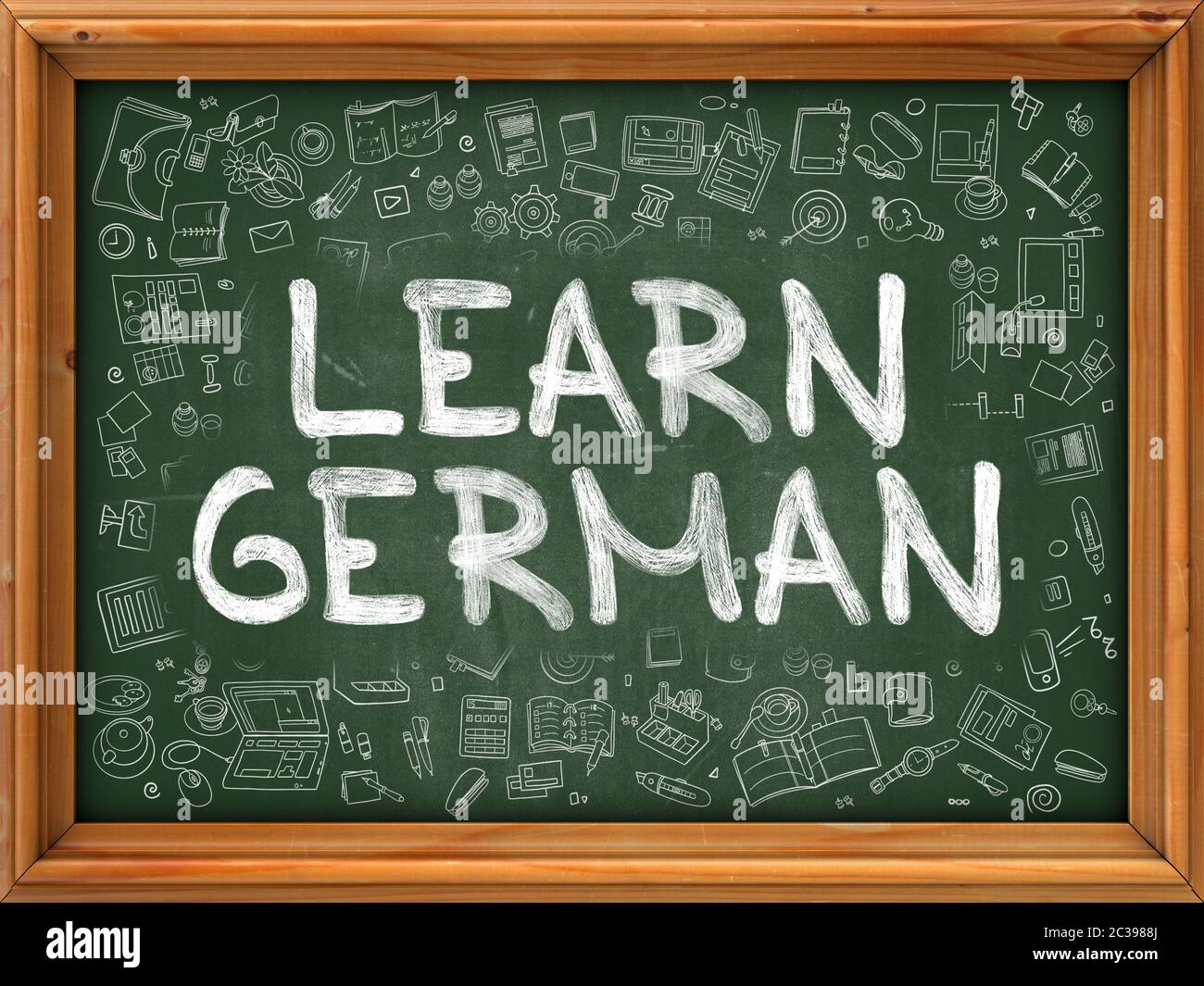 Learn German Concept. Modern Line Style Illustration. Learn German Handwritten on Green Chalkboard with Doodle Icons Around. Doodle Design Style of  L Stock Photo
