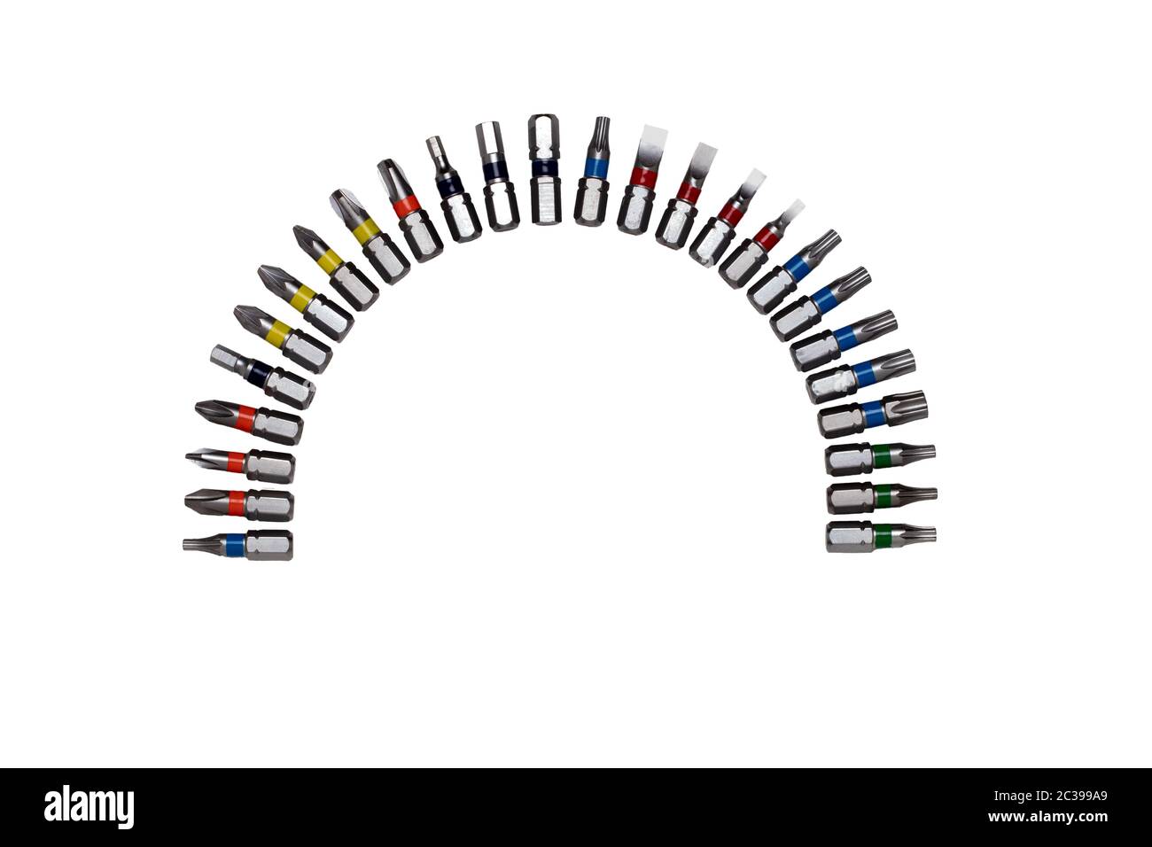 Collection of tools. Closeup of different screwdriver bits arranged in