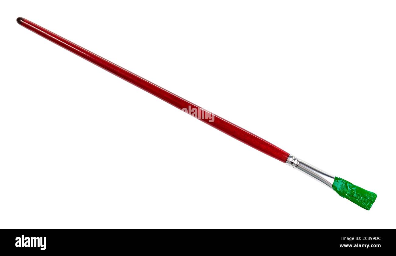 narrow paint brush with green colored tip and brown handle isolated on