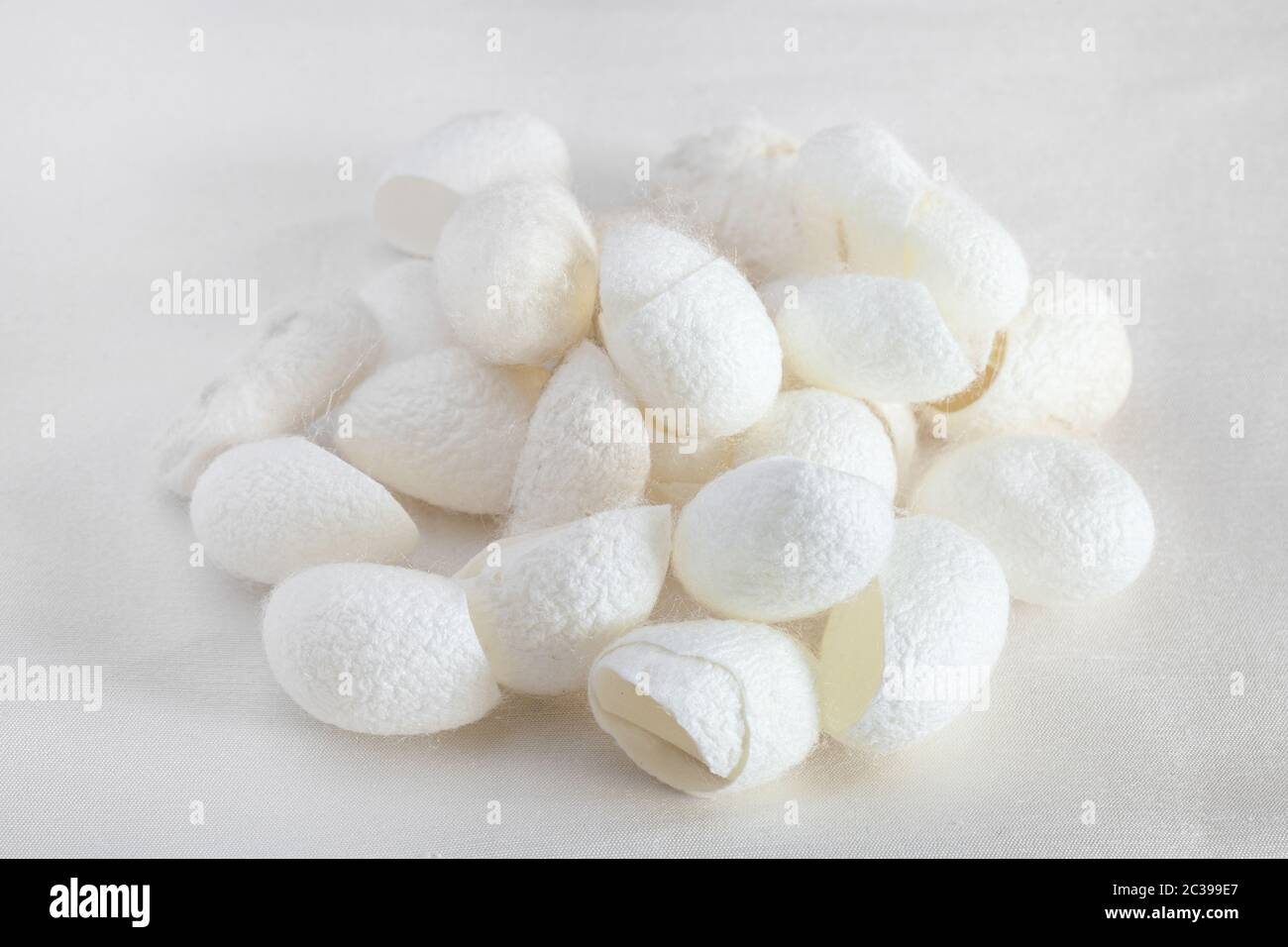 many organic silkworm cocoons for facial skin care on white silk fabric Stock Photo