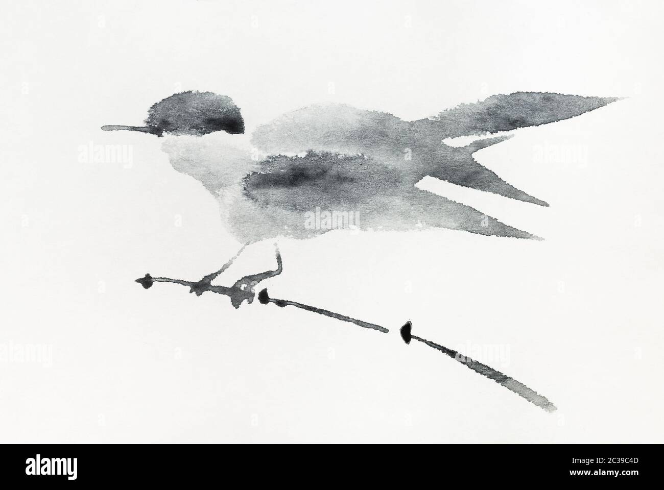 bird on twig of reed hand-drawn by gray ink on old textured paper in ...